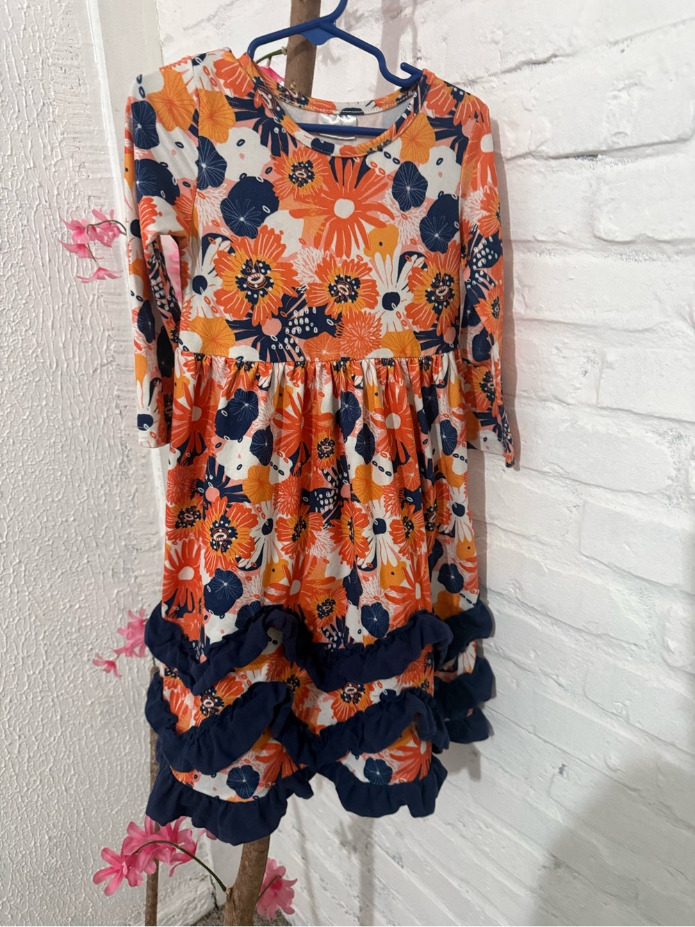 Girls' Floral Ruffle Long-Sleeve Dress - Orange & Navy